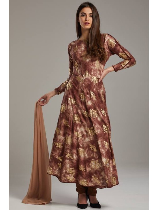 Elegant Brown Foil Printed Circular Style Anarkali Dress Elegant Brown Foil Printed Circular Style Anarkali Dress