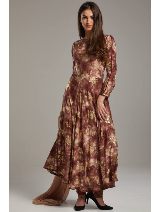 Elegant Brown Foil Printed Circular Style Anarkali Dress Elegant Brown Foil Printed Circular Style Anarkali Dress