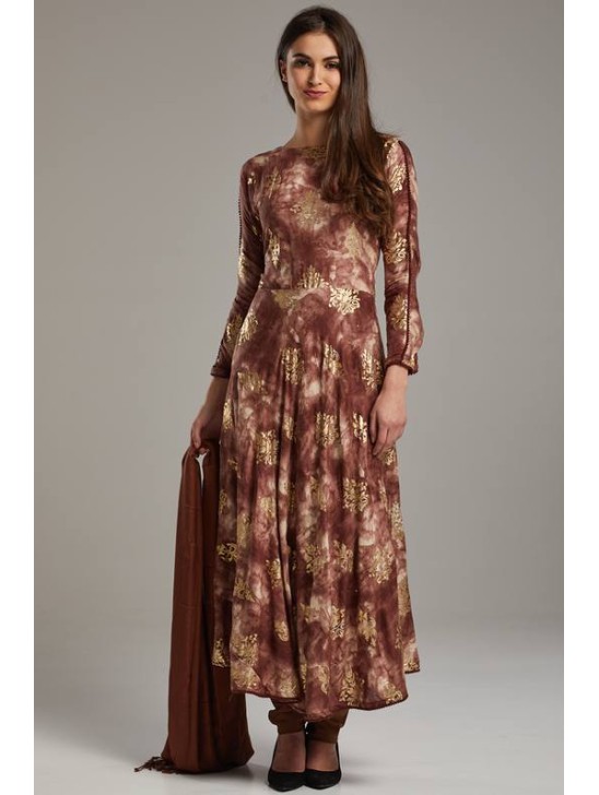 Elegant Brown Foil Printed Circular Style Anarkali Dress Elegant Brown Foil Printed Circular Style Anarkali Dress