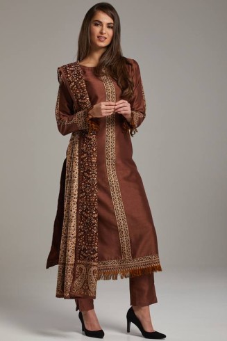 Brown Woven Embellished Pakistani Designer Dress