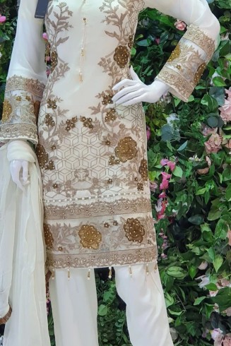 WHITE READY TO WEAR CHIFFON EMBROIDERED PAKISTANI SALWAR SUIT