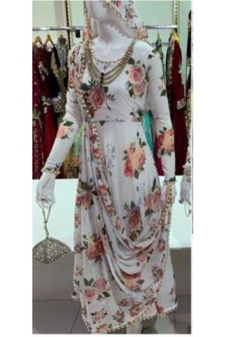 White Floral Printed Designer Dress Summer Suit