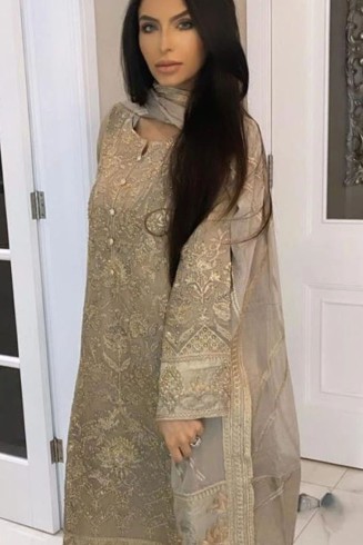 Gold Pakistani Designer Suit Heavy Embellished Party Dress