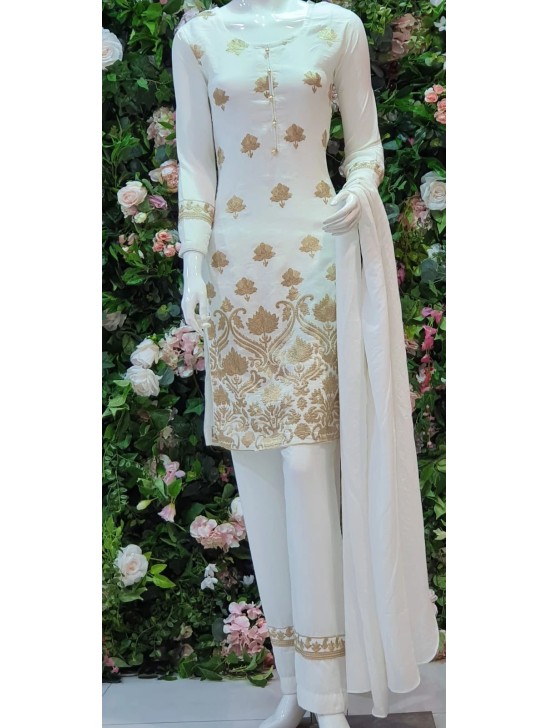 WHITE & GOLD DESIGNER READY TO WEAR LINEN SALWAR SUIT WHITE & GOLD DESIGNER READY TO WEAR LINEN SALWAR SUIT