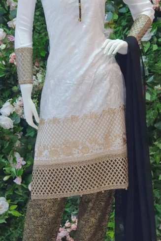 WHITE LINEN & GEORGETTE READYMADE PAKISTANI SALWAR SUIT