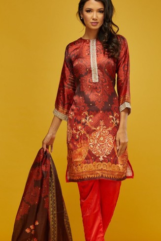 Red Printed 100% Silk Salwar Kameez