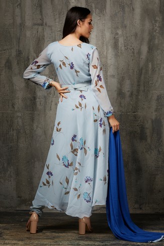 Sky Blue Floral Printed Frock Ready to Wear Pakistani Dress