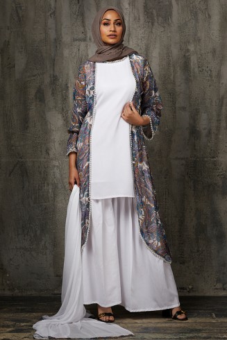 Off White Readymade Suit Pakistani Designer Modest Jacket Dress