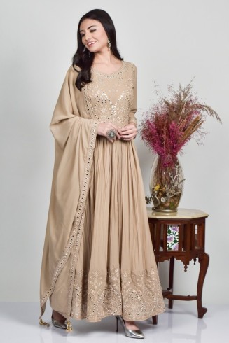 Beige Embroidered Flared Indian Anarkali Dress