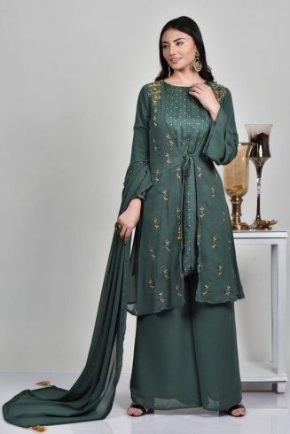 Stunning Moss Green Jacket Style Gharara Dress