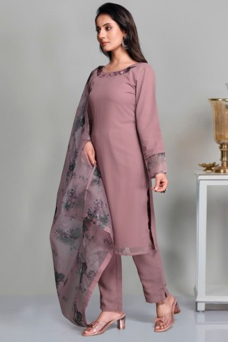 Deep Mauve Plain Trouser Kurta Suit & Printed Dupatta