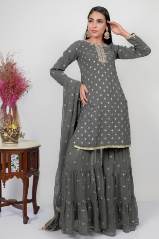 Grey Embroidered Designer Punjabi Gharara Suit