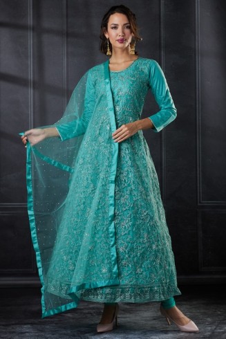 Ferozi Net Embroidered Indian Designer Anarkali Suit