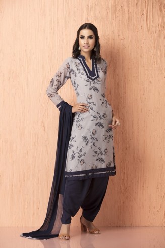 Grey Floral Printed Pakistani Designer Salwar Kameez