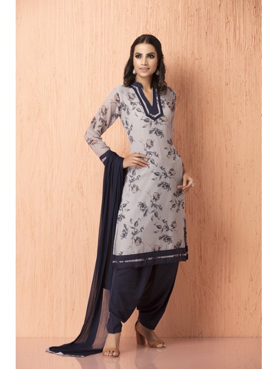 Grey Floral Printed Pakistani Designer Salwar Kameez
