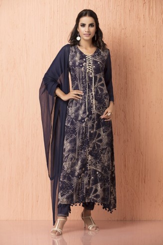 Navy Blue Maxi Rayon Dress Party Suit Readymade 