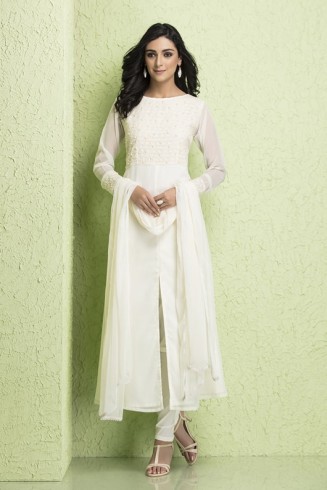  New White Chiffon Dress Pearl Design Readymade Suit