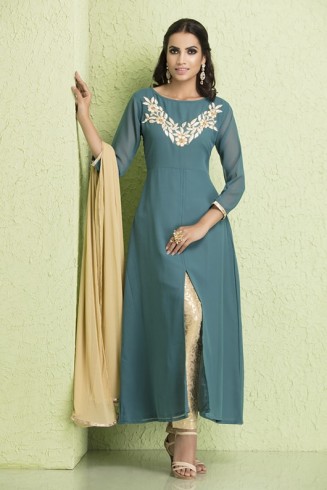 Aqua Gold Georgette Suit Ready to Wear Dress