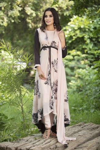 Baby Pink & Black Printed Jacket Indian Suit