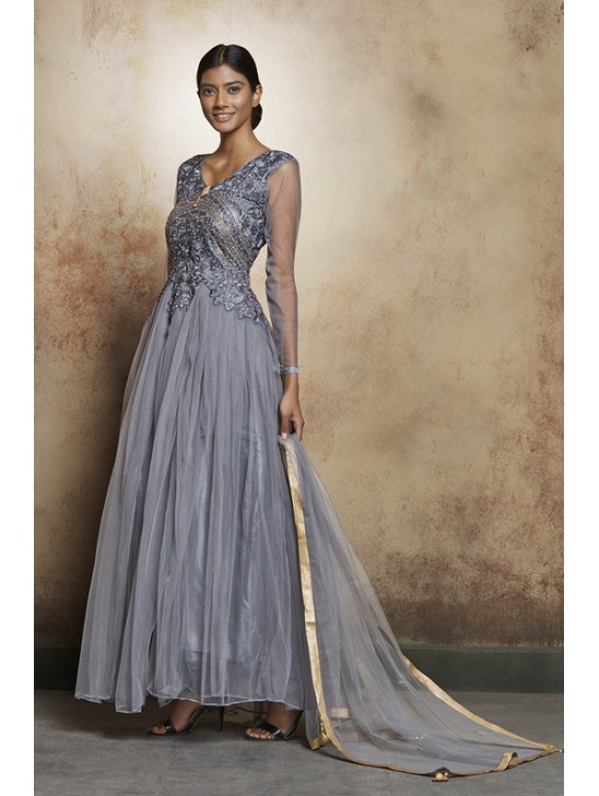 DAZZLING GREY LONG SHEER STYLE READY MADE INDIAN DRESS DAZZLING GREY LONG SHEER STYLE READY MADE INDIAN DRESS