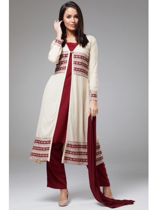 ZAC-701 Cream Maroon Cape Jacket Dress Suit ZAC-701 Cream Maroon Cape Jacket Dress Suit