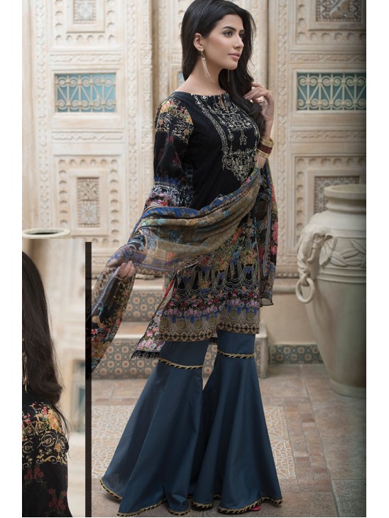 ZARS-100 BLACK PRINTED LAWN SUMMER FESTIVE GHARARA PENT SUIT