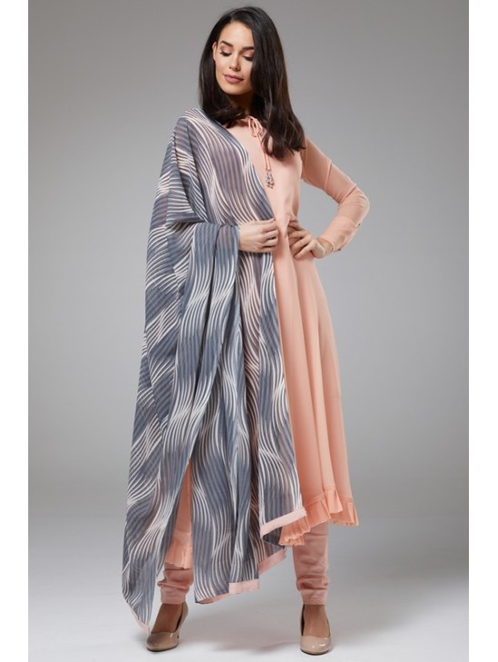 PEACH NOUGAT PAKISTANI DESIGNER A LINE SUIT WITH CONTRAST DUPATTA PEACH NOUGAT PAKISTANI DESIGNER A LINE SUIT WITH CONTRAST DUPATTA