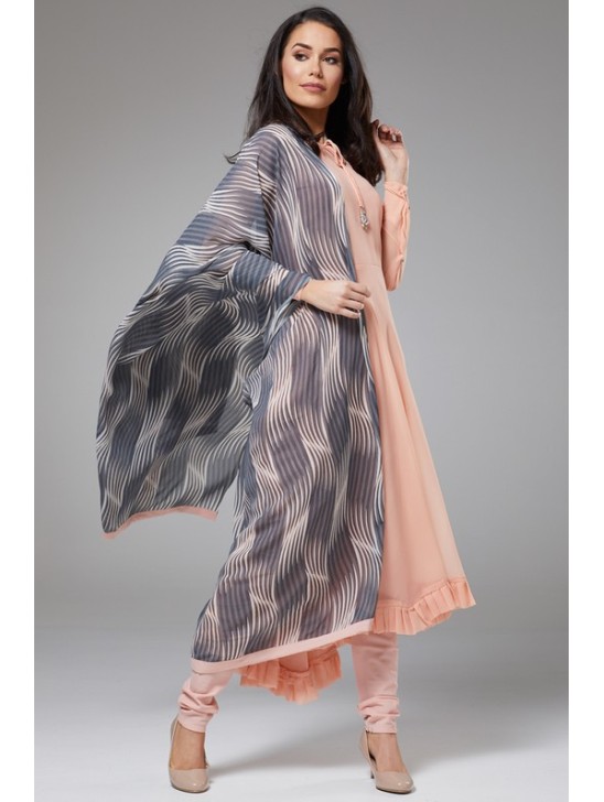 PEACH NOUGAT PAKISTANI DESIGNER A LINE SUIT WITH CONTRAST DUPATTA PEACH NOUGAT PAKISTANI DESIGNER A LINE SUIT WITH CONTRAST DUPATTA