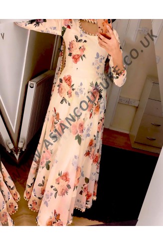 BEIGE FLORAL 3D PRINTED FLOOR LENGTH PAKISTANI DESIGNER OUTFIT