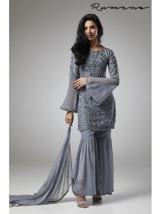 GREY GEORGETTE GHARARA PANTS STYLISH READY MADE SUIT GREY GEORGETTE GHARARA PANTS STYLISH READY MADE SUIT
