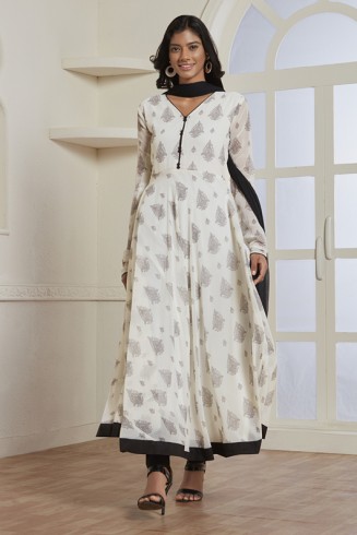 WHITE AND BLACK FLARED STYLE READY MADE INDIAN DRESS