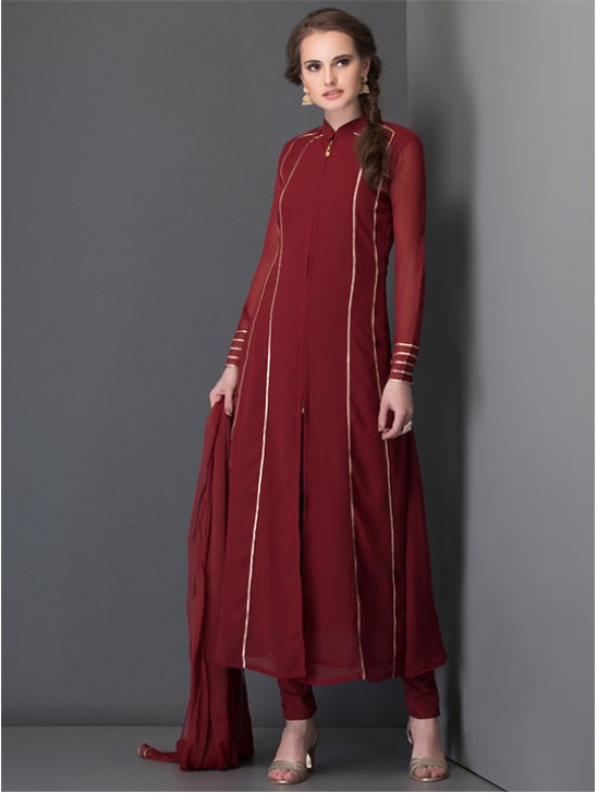 Maroon Long Line Dress Indian Party Suit