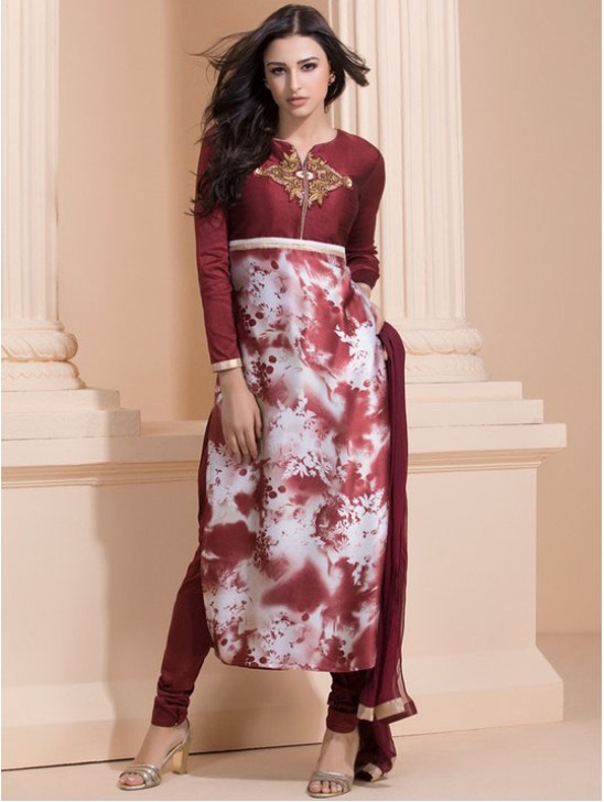 MAROON EMBROIDERED BODICE WITH PRINTED LOWER CHURIDAAR SUIT MAROON EMBROIDERED BODICE WITH PRINTED LOWER CHURIDAAR SUIT