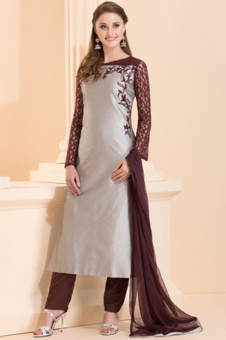 GREY AND PLUM CONTRAST SUIT WITH LACE SLEEVES AND THREAD WORK