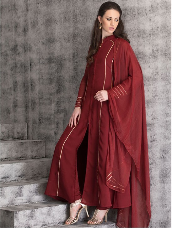 Maroon Long Line Dress Indian Party Suit