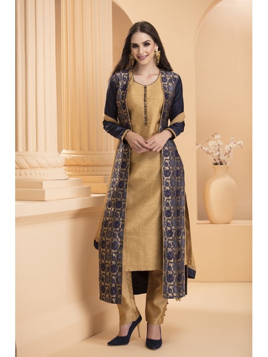 Blue Jacket Dress With Gold Long Shirt Party Readymade Suit Blue Jacket Dress With Gold Long Shirt Party Readymade Suit