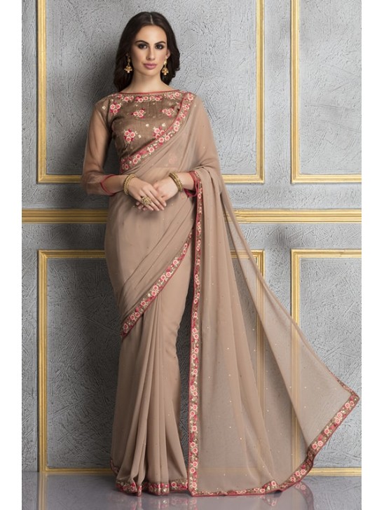 ZACS-60 BROWN GEORGETTE AND DUPION EMBROIDERED WEDDING WEAR SAREE ZACS-60 BROWN GEORGETTE AND DUPION EMBROIDERED WEDDING WEAR SAREE