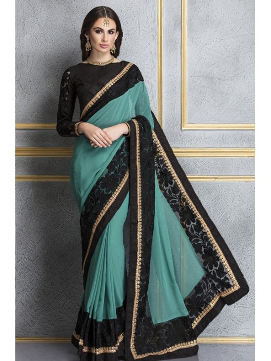 ZACS-67 RAMA AND BLACK GEORGETTE AND LACE NET PARTY WEAR SAREE ZACS-67 RAMA AND BLACK GEORGETTE AND LACE NET PARTY WEAR SAREE