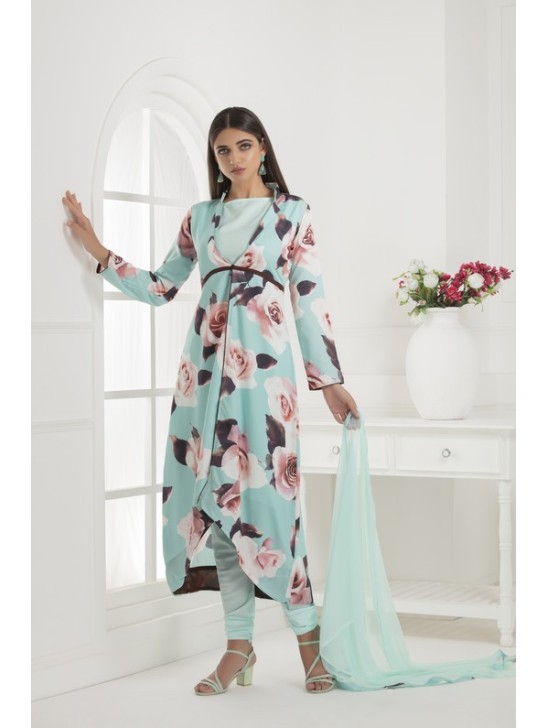SEA BLUE JACKET STYLE FLORAL PRINTED SUIT SEA BLUE JACKET STYLE FLORAL PRINTED SUIT
