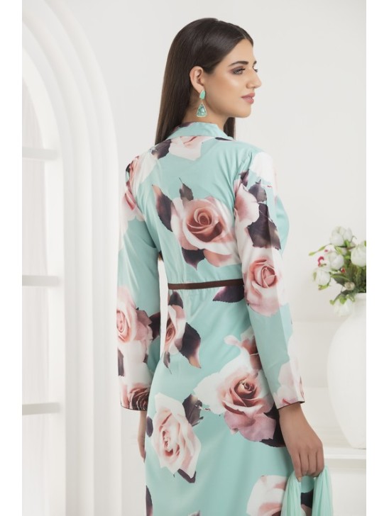 SEA BLUE JACKET STYLE FLORAL PRINTED SUIT SEA BLUE JACKET STYLE FLORAL PRINTED SUIT