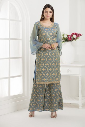 GREY EMBROIDERED SHARARA STYLE DRESS