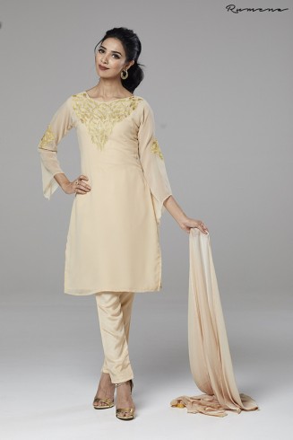 BEIGE EMBELLISHED READY MADE PENCIL TROUSER SUIT