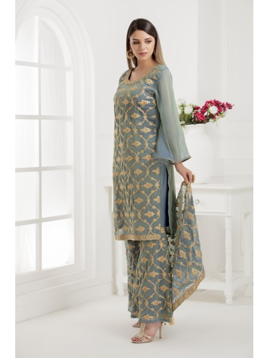GREY EMBROIDERED SHARARA STYLE DRESS GREY EMBROIDERED SHARARA STYLE DRESS
