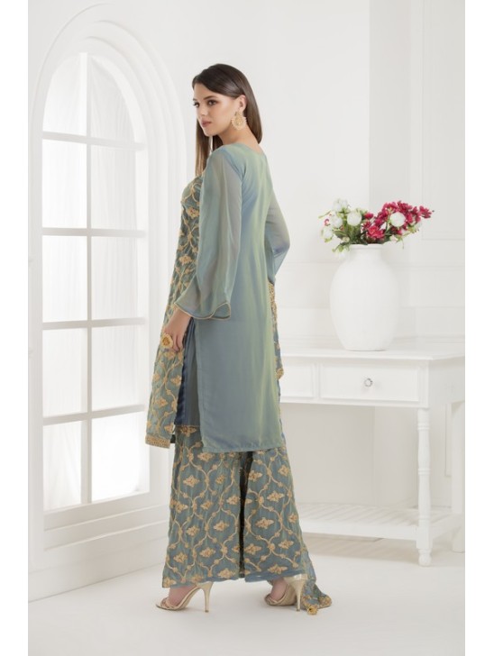 GREY EMBROIDERED SHARARA STYLE DRESS GREY EMBROIDERED SHARARA STYLE DRESS