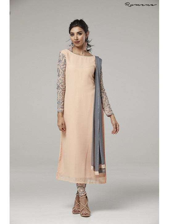 PRETTY PEACH EMBROIDERED SLEEVES STYLISH CHURIDAR SUIT PRETTY PEACH EMBROIDERED SLEEVES STYLISH CHURIDAR SUIT