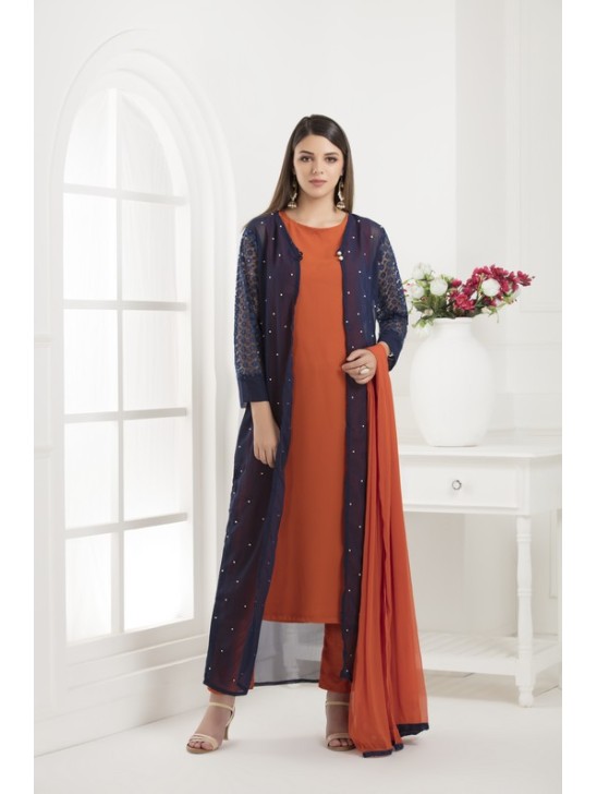 NAVY BLUE FRONT SLIT JACKET STYLE GEORGETTE READY MADE SUIT NAVY BLUE FRONT SLIT JACKET STYLE GEORGETTE READY MADE SUIT