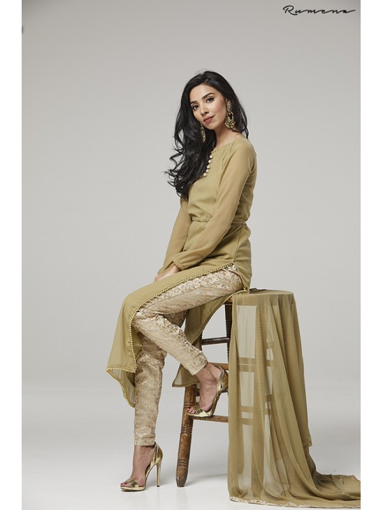 BEIGE STRAIGHT SHIRT AND BROCADE TROUSER READY TO WEAR EID SUIT