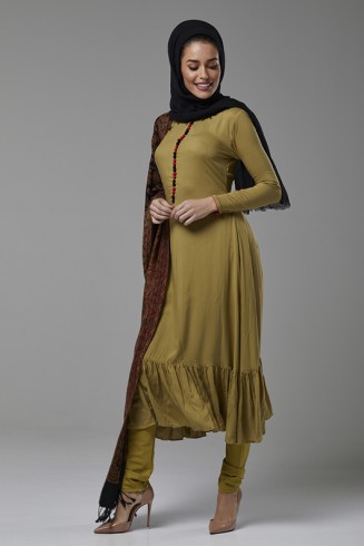 PISTA GREEN WARM READY MADE SUIT WITH EMBROIDERED SHAWL