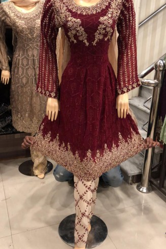 CHARMING MAROON PAKISTANI STYLE PARTY WEAR READYMADE SUIT