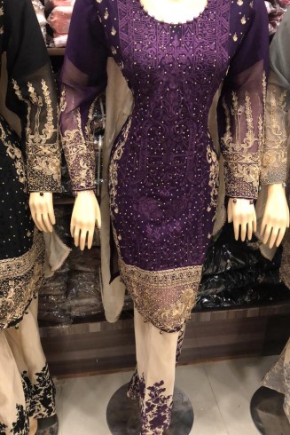 PURPLE CHIFFON EMBROIDERED PAKISTANI STYLE READYMADE SALWAR KAMEEZ